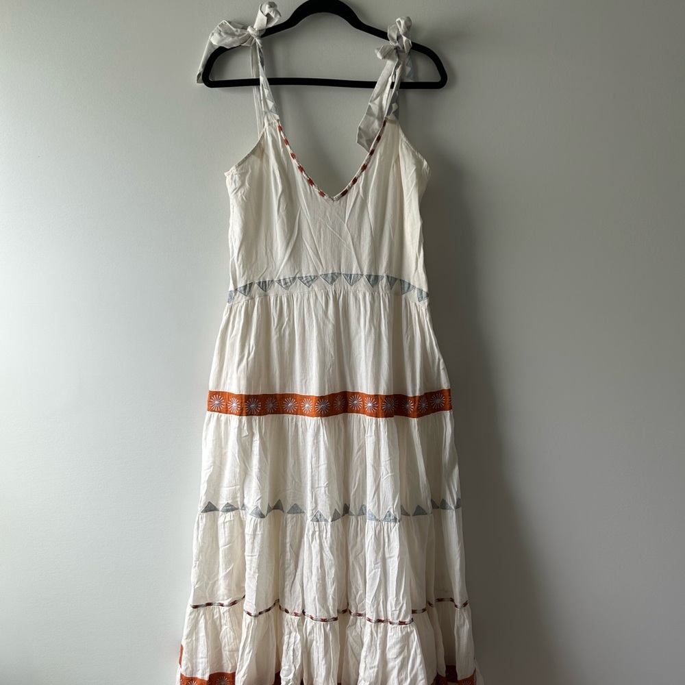 White Tie-Shoulder Maxi Dress with Rust Trim